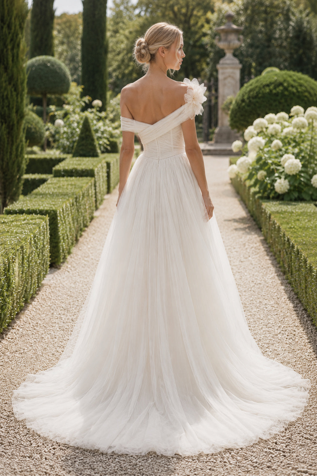 Off-the-Shoulder Tulle A-Line Wedding Dress with Floral Shoulder Detail back view