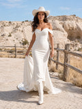Western Country Simple Modern Sexy Sheath Satin Wedding Dress with Off Shoulder Sweetheart Sleeveless Floor-Length Train Spli