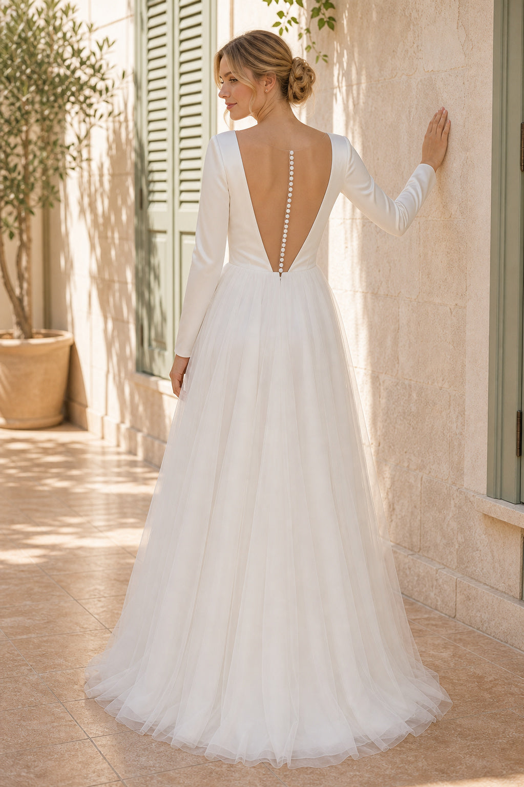 Champagne Square Sheath Satin Floor-length Wedding Dress With Layered Skirt and Beaded Bodice and Open Back