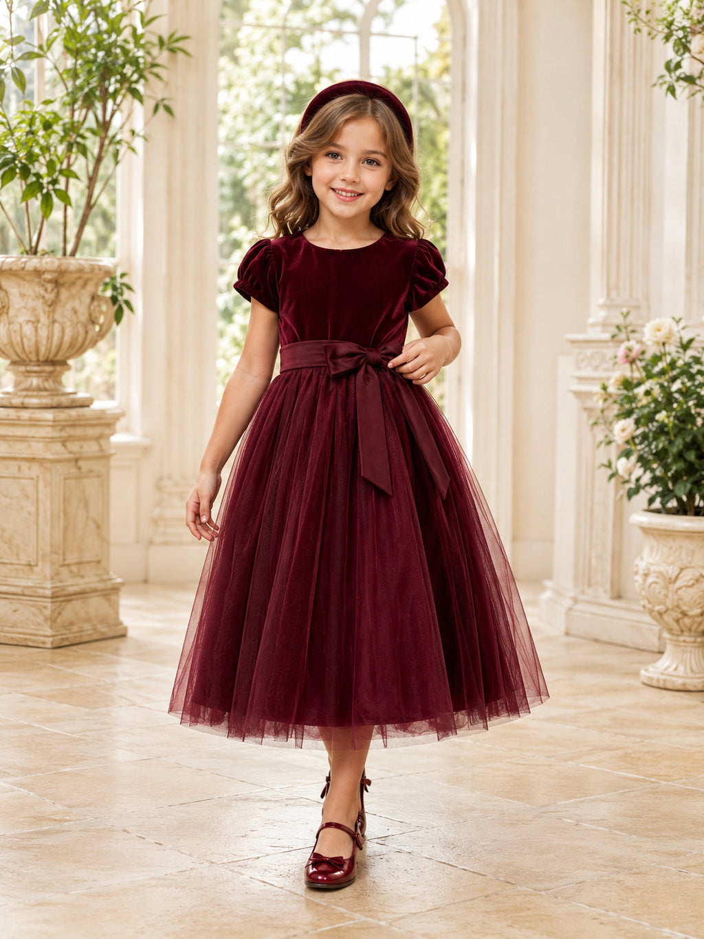 Vintage Tea-Length A-Line Winter Flower Girl Burgundy Velvet Tulle Puff Sleeve Back Bow Dress front view