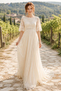 Ivory Simple Bateau Neck A-Line Chiffon Lace Wedding Dress with Short Lace Sleeves and Sweep Train front view