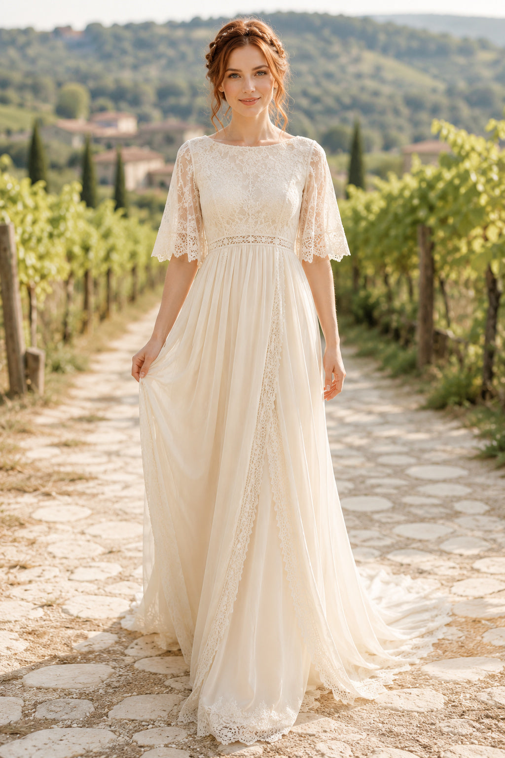 Ivory Simple Bateau Neck A-Line Chiffon Lace Wedding Dress with Short Lace Sleeves and Sweep Train front view