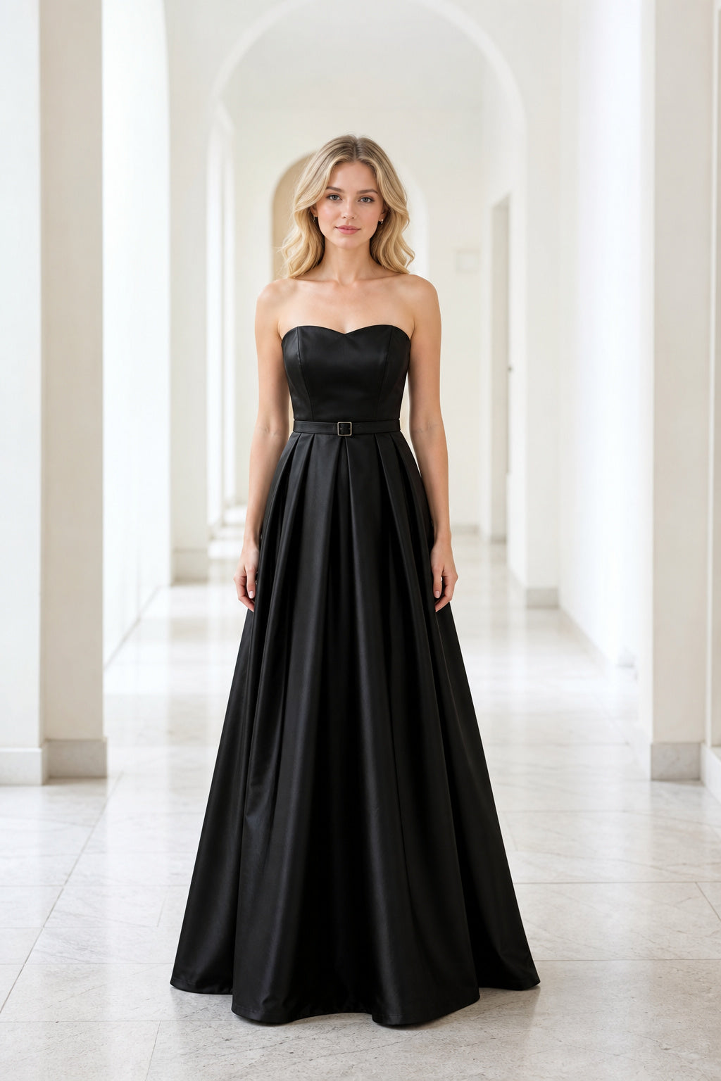 Black Strapless A-Line Satin Floor-Length Dress With Clean Bodice