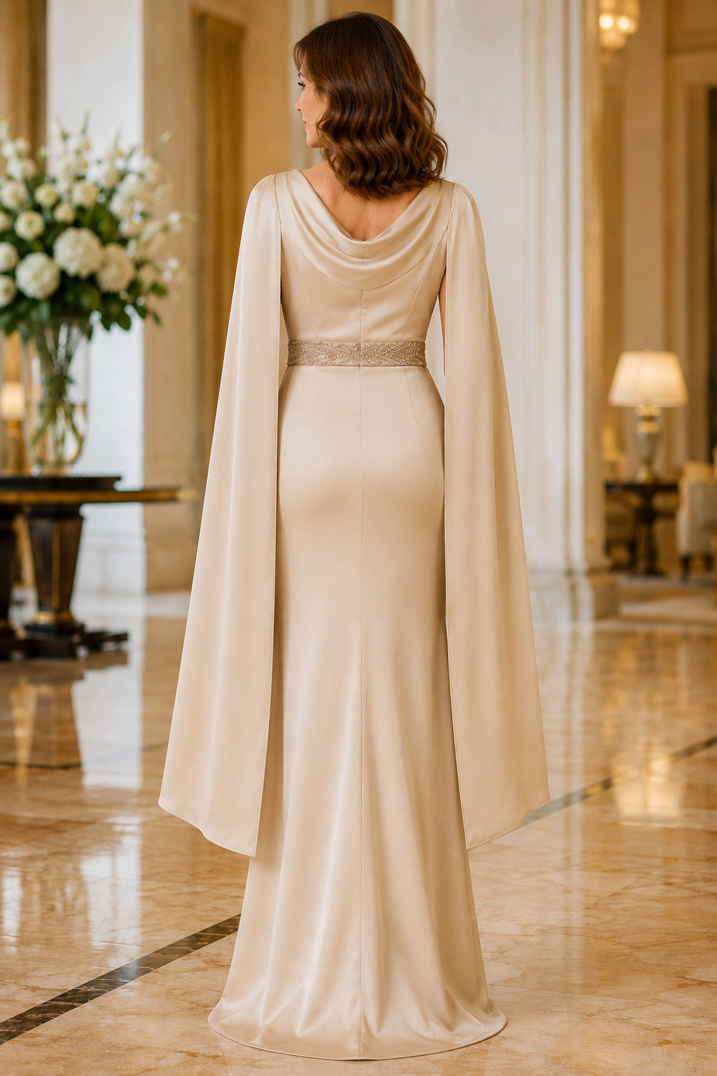 Champagne Cowl Neck Satin Sheath Mother Dress with Cape Sleeves and Beaded Waist back view