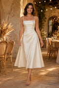 Ivory Square Spaghetti Strap Sleeveless Satin Tea-Length Wedding Dress with Side Draping and Simple Satin Skirt front view
