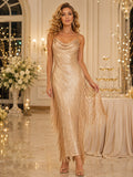 Gold Cowl Neck Spaghetti Strap Sequin Ankle Length Evening Guest Dress front view
