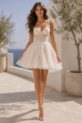 Ivory Spaghetti Strap Tulle Mini Wedding Dress with Plunging V-Neck and Corset Back front view