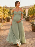 Sage Off Shoulder Chiffon Empire Maternity Wedding Guest Gown front view