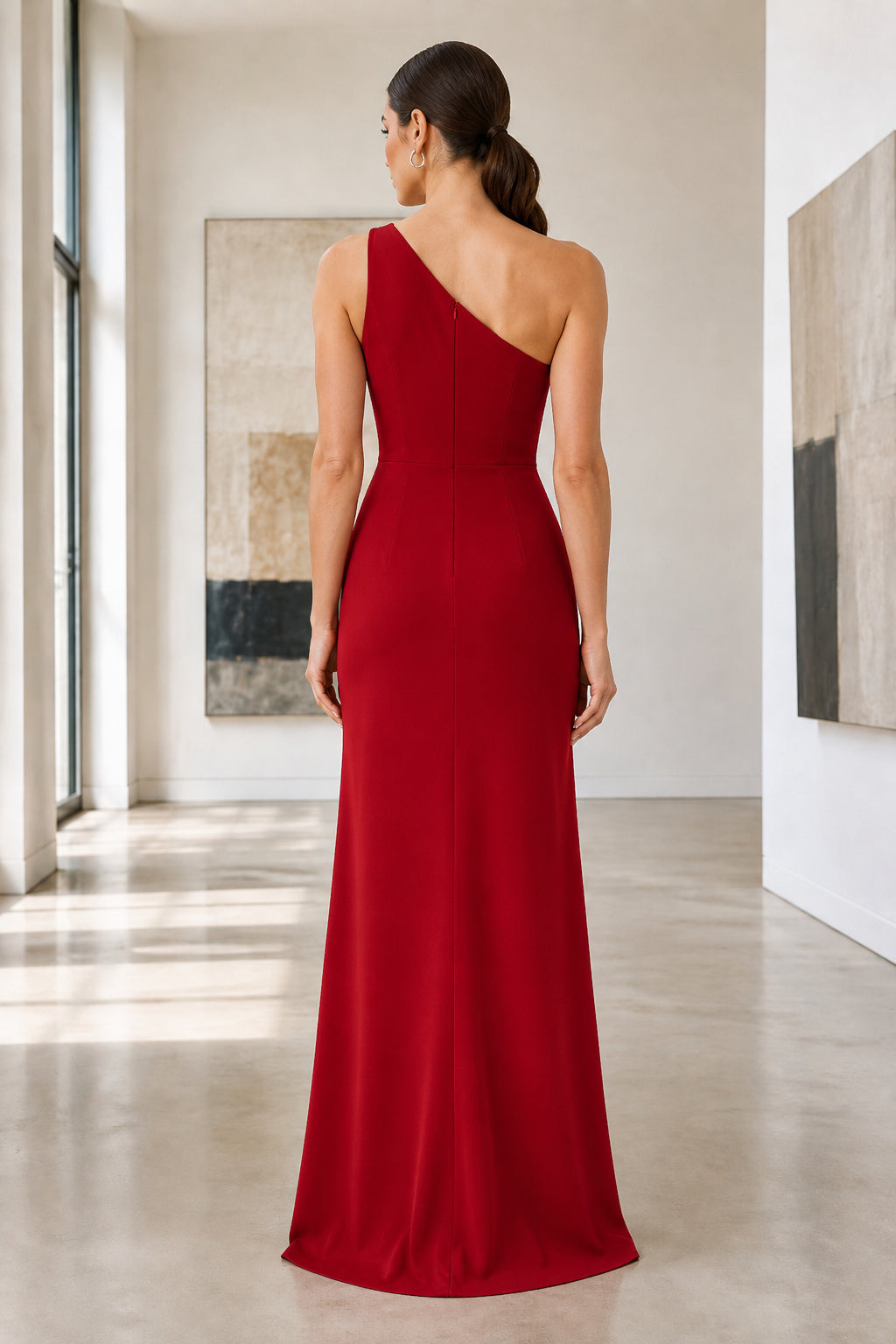 Red One-Shoulder Sheath Formal Dress with Side Split and Clean Floor Length Skirt back view