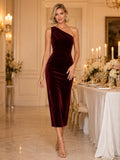 Burgundy Velvet One Shoulder Sheath Midi Anniversary Dinner Dress front view