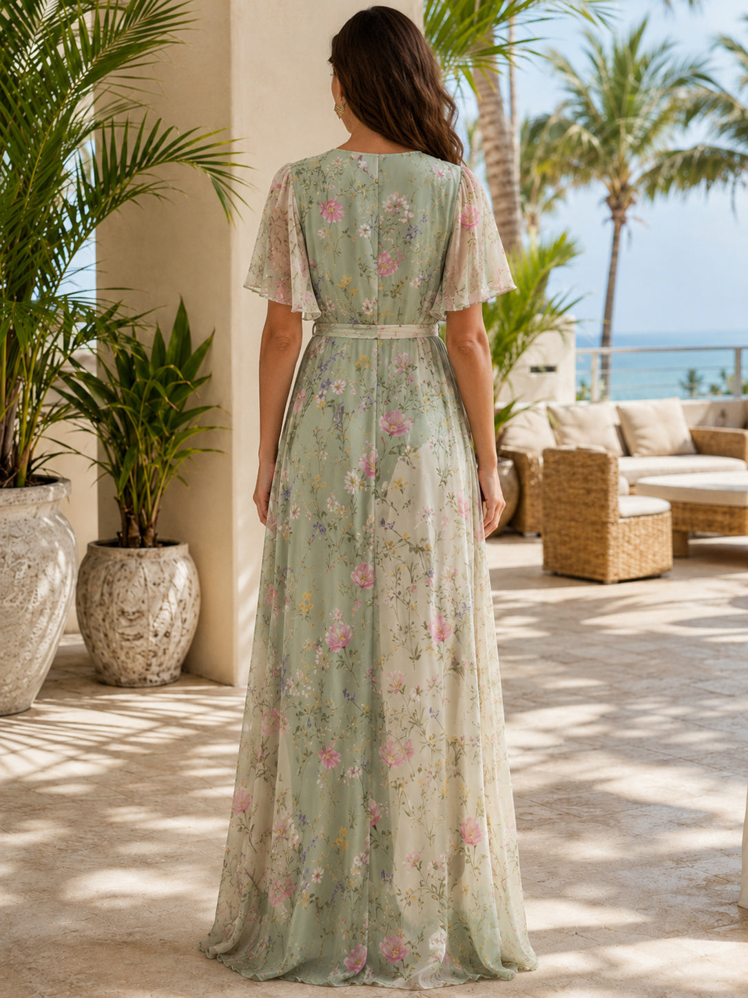 Sage Floral V Neck Flutter Sleeve Wrap Floor Length A Line Welcome Dress back view