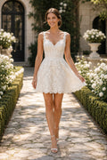 Ivory V Neck Lace Strap A-Line Short Wedding Dress front view