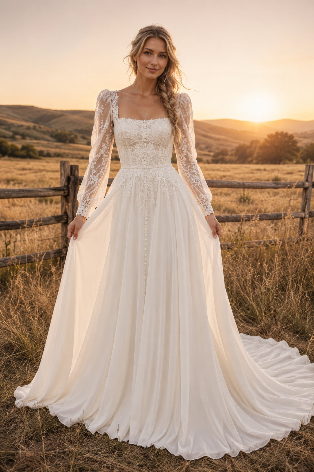 Ivory Square Neck Long Sleeve Chiffon A-Line Wedding Dress with Lace Jacket Effect and Train front view