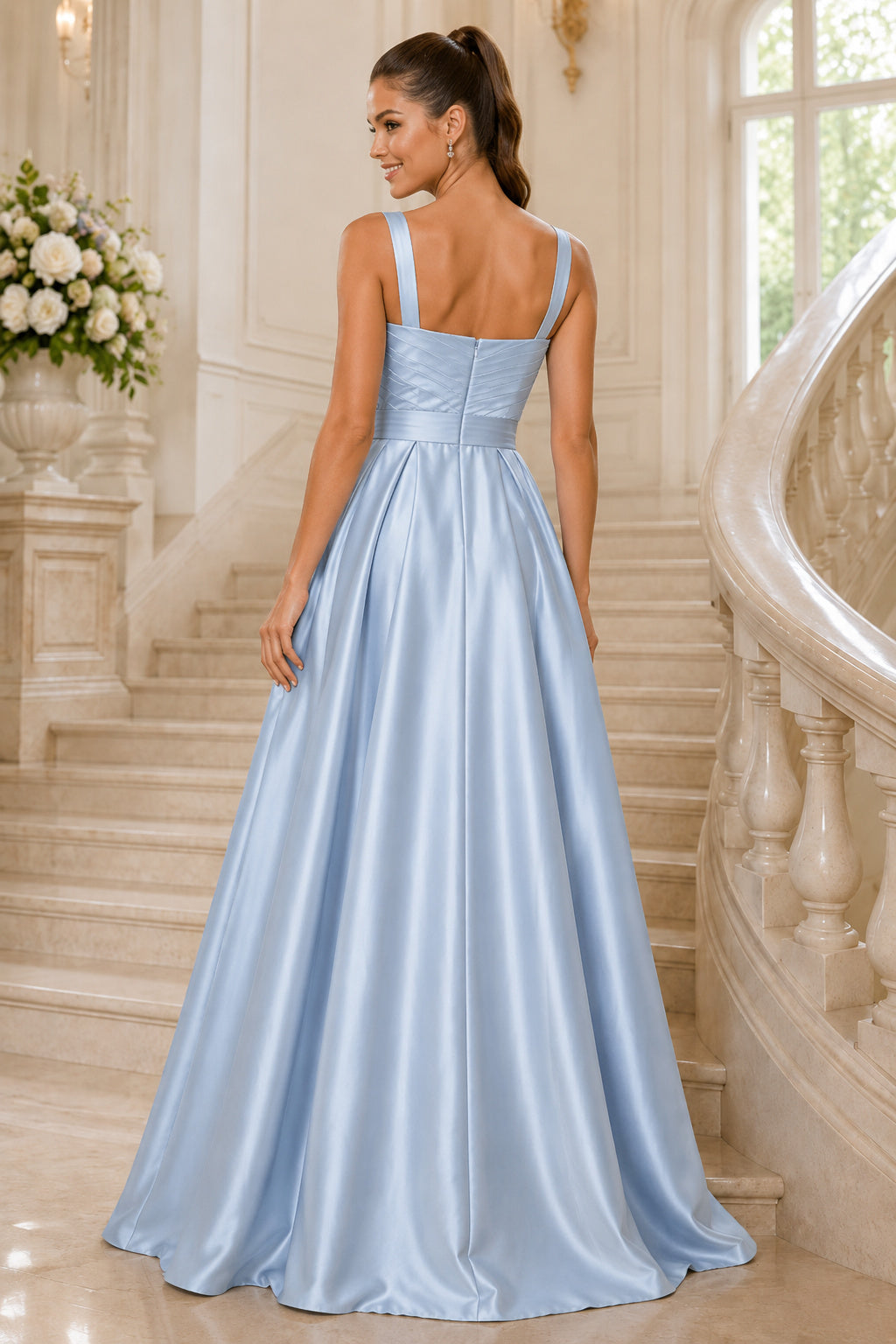 Sky Blue Straps Satin A-Line Bridesmaid Dress with V-Neck Bodice and Full Skirt back view