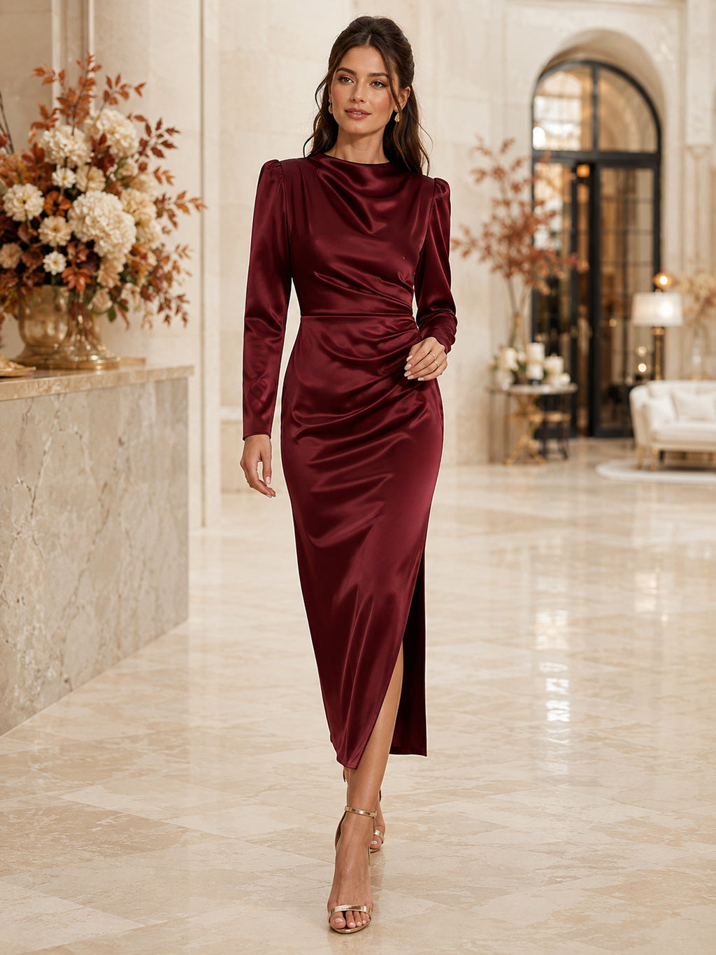Claret Cowl Neck Long Sleeve Satin Sheath Tea Wedding Guest Dress front view
