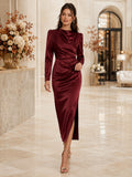Claret Cowl Neck Long Sleeve Satin Sheath Tea Wedding Guest Dress front view