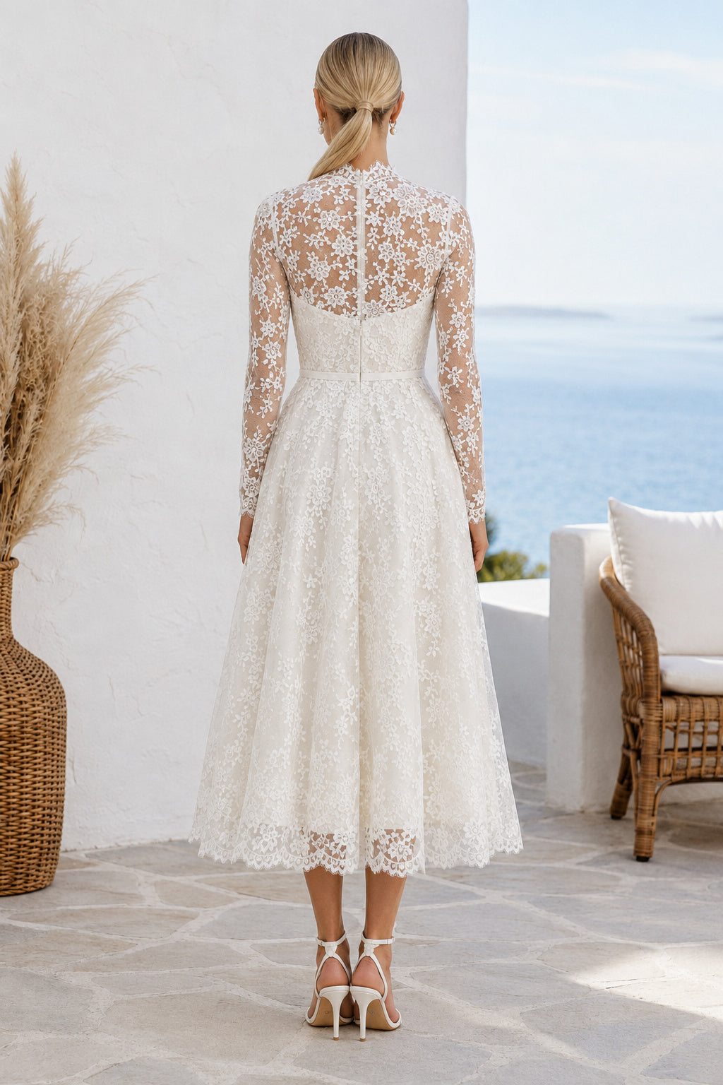 Ivory Bateau Long Sleeve Lace Tea Length Wedding Dress for Wedding Reception and Party Style MG_700964 back view