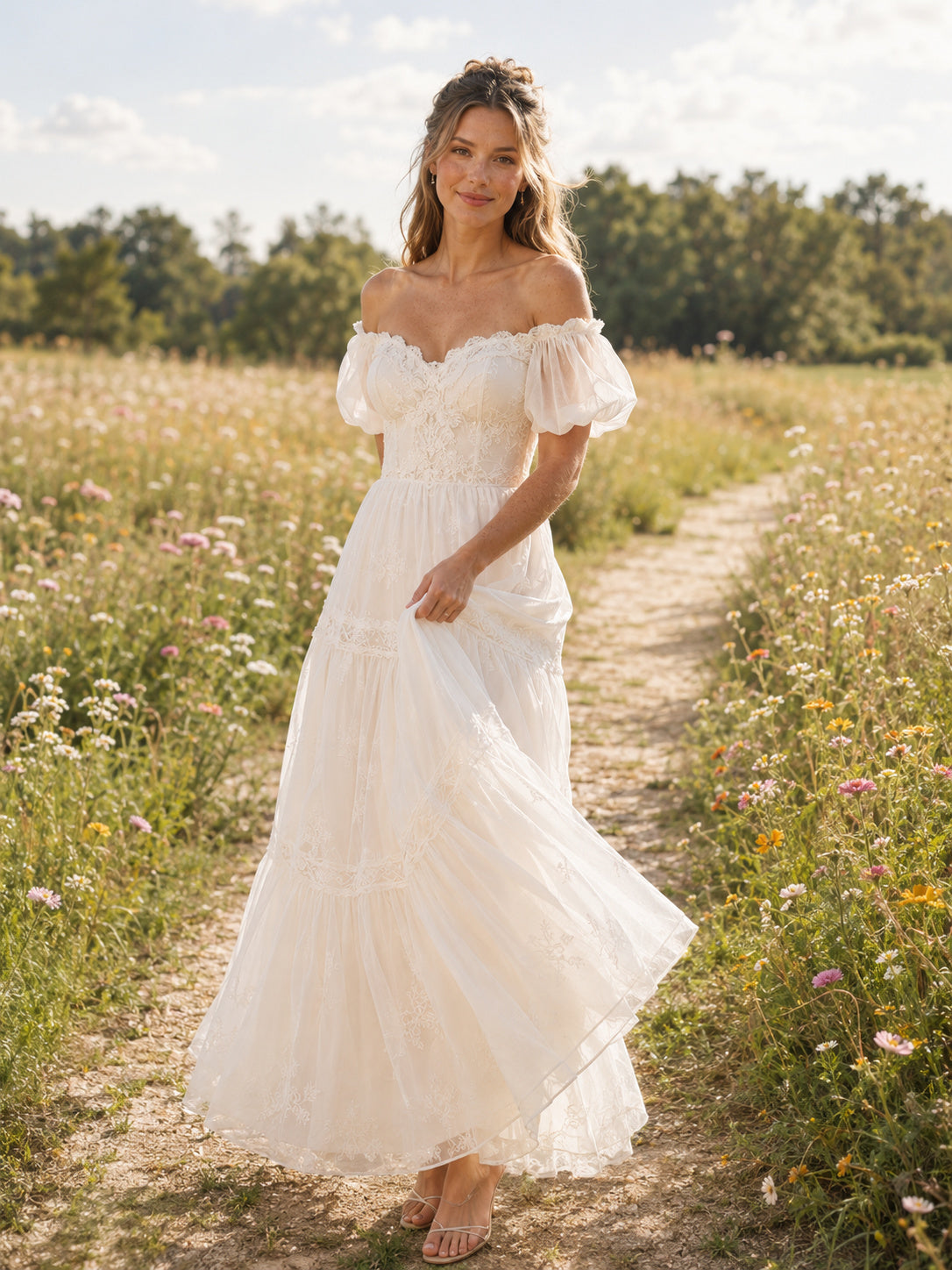 Boho Tulle Wedding Dress A-Line Off Shoulder Short Puff Sleeve Tea Length Bridal Dress front view