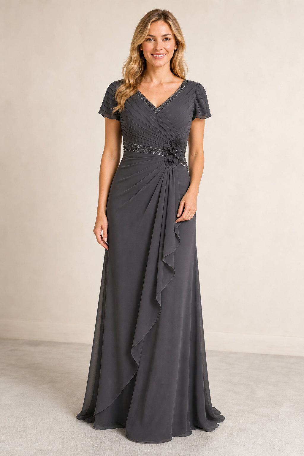 Charcoal V-neck Flutter Sleeve Sheath Chiffon Floor-Length Dress With Ruffle Front