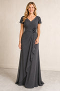 Charcoal V-neck Flutter Sleeve Sheath Chiffon Floor-Length Dress With Ruffle Front