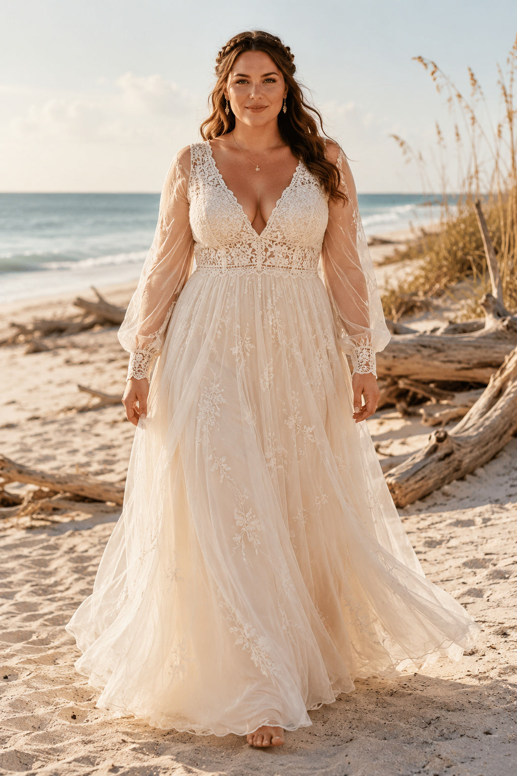 Plus Size V-Neck Long Sleeve Chiffon A-Line Beach Wedding Dress front view