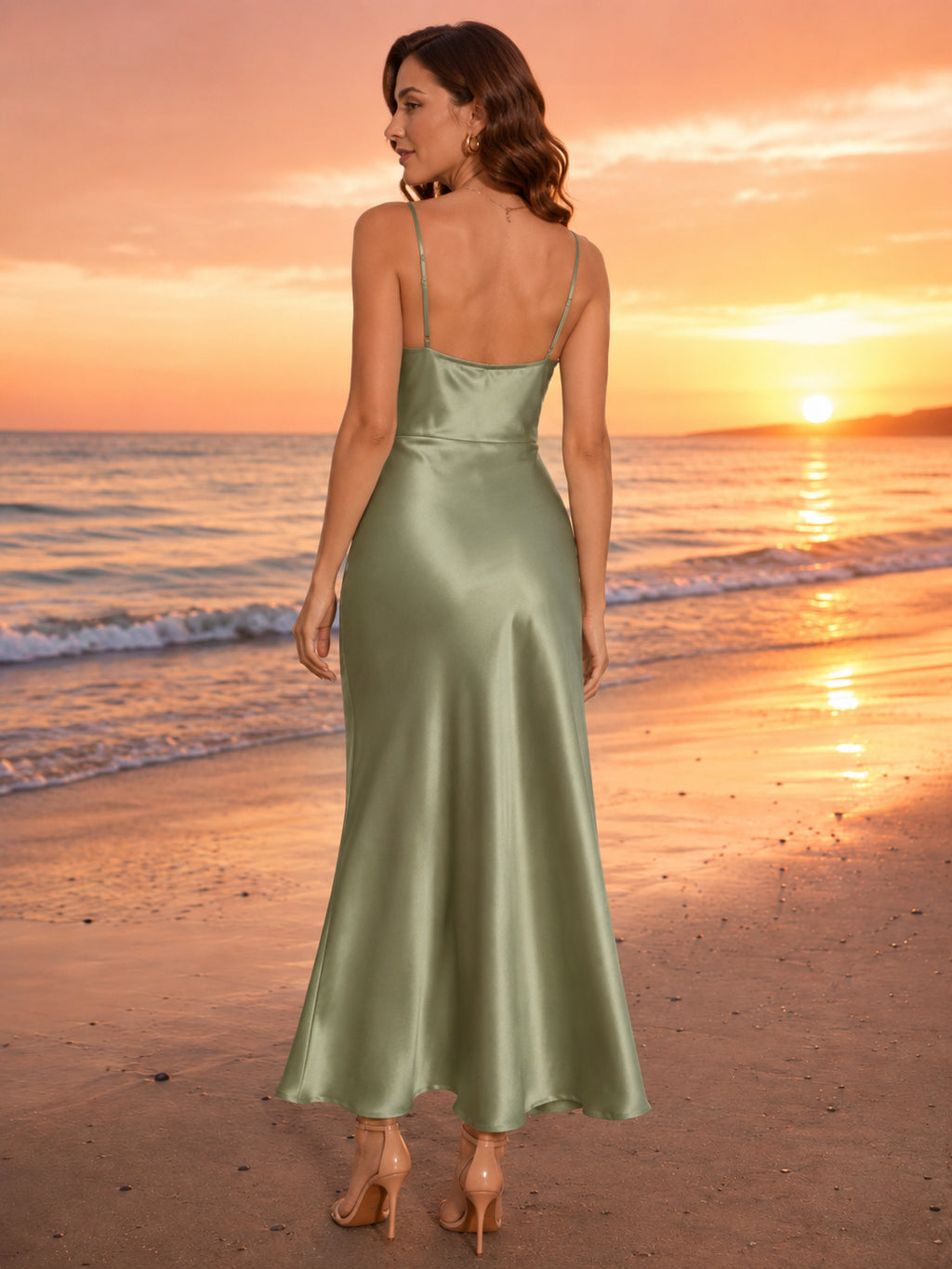Sage Sunset Beach Wedding Guest Dress Sheath Satin Cowl Neck Spaghetti Strap Sleeveless Ankle-Length Open Back back view