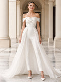 Off-Shoulder Satin Bridal Jumpsuit Detachable Chiffon Overskirt Wedding Outfit front view