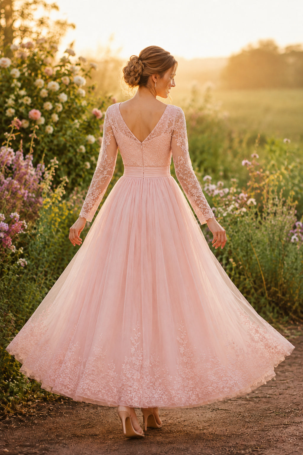 Blushing Pink Long Sleeve Lace Tea-Length Wedding Dress with Full Tulle Skirt back view
