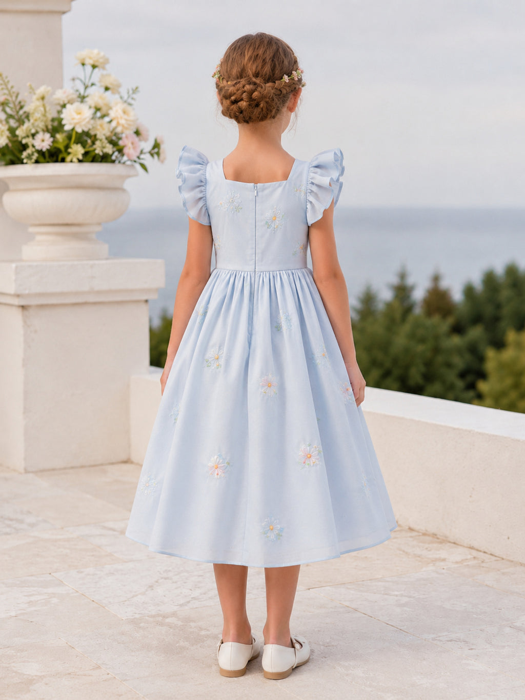 Sky Blue Tulle A-Line Flower Girl Dress with Sleeveless, Jewel Neck, Tea-Length Skirt, Bow Detail back view
