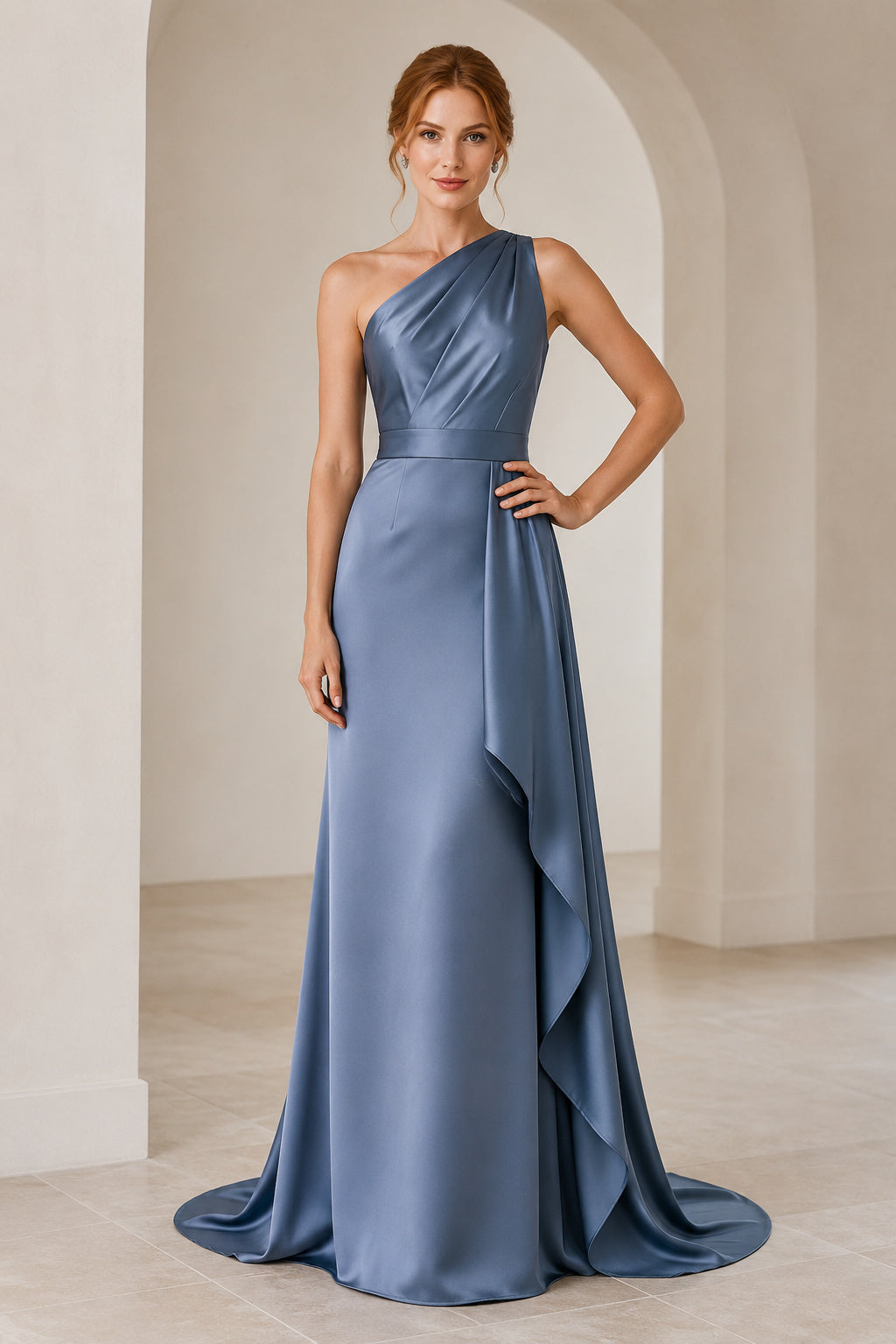 Steel Blue One-Shoulder Satin A-Line Formal Dress with Draped Front Panel and Sweep Train front view