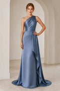 Steel Blue One-Shoulder Satin A-Line Formal Dress with Draped Front Panel and Sweep Train front view