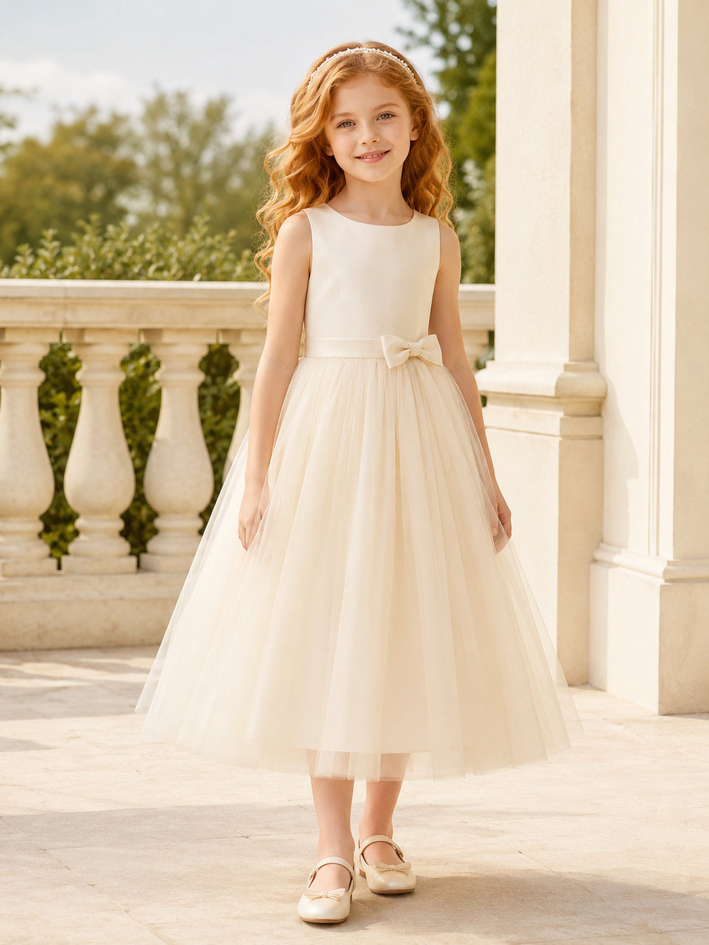 Flower Girl Dress Ivory Tulle A-Line Sleeveless Jewel Neck Tea Length front view