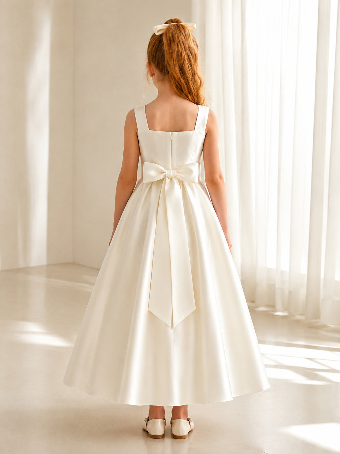 Ivory Luxury Minimalist Satin Bow Back A-Line Flower Girl Dress with Sleeveless, Square Neck and Tea-Length Skirt back view