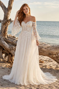 Ivory Off Shoulder Bell Sleeve Lace Tulle A-Line Wedding Dress Train for Bridal Ceremony and Reception front view