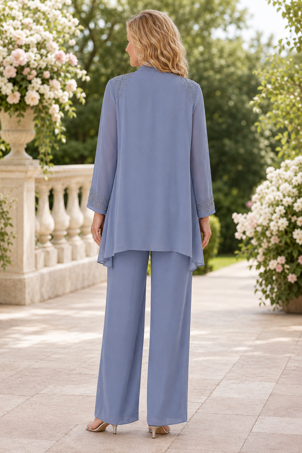 Steel Blue Three Piece Chiffon Mother Jumpsuit with Draped Jacket and Wide Legs for Formal Reception back view