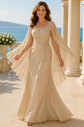 Champagne Bateau A-Line Mother Dress with Pleated Chiffon Cape Sleeves and Drape front view