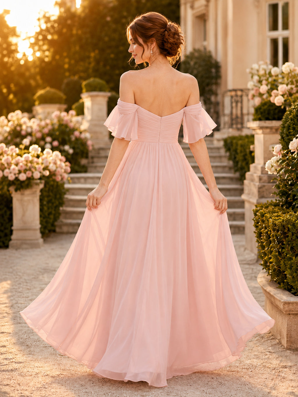 Blush Off Shoulder Chiffon A-Line Formal Dress back view