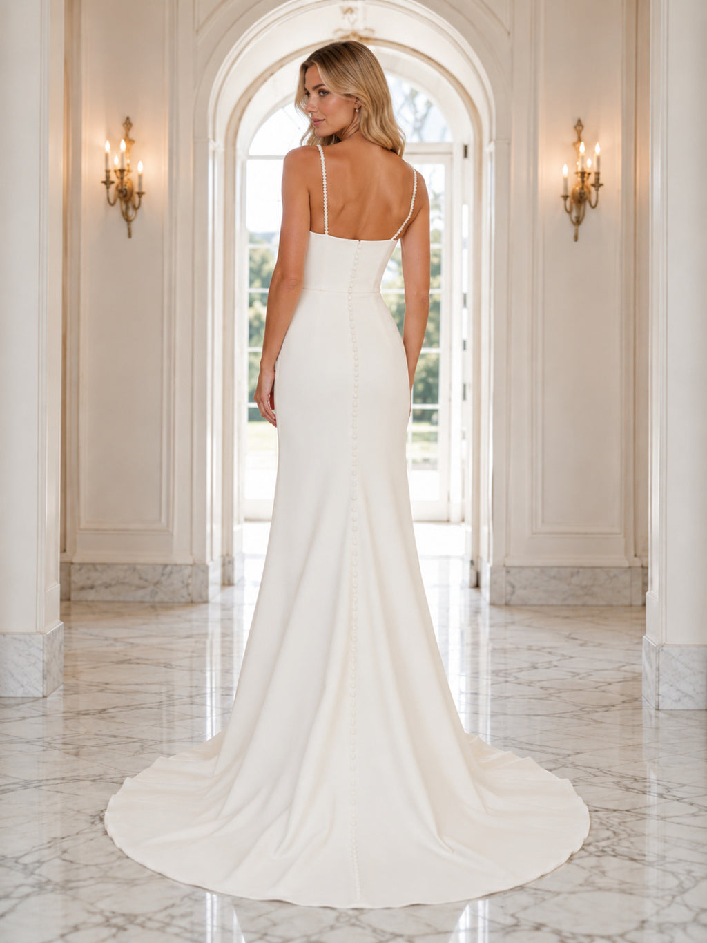 Spaghetti Strap Minimalist Crepe Marble Interior Elopement Gown back view