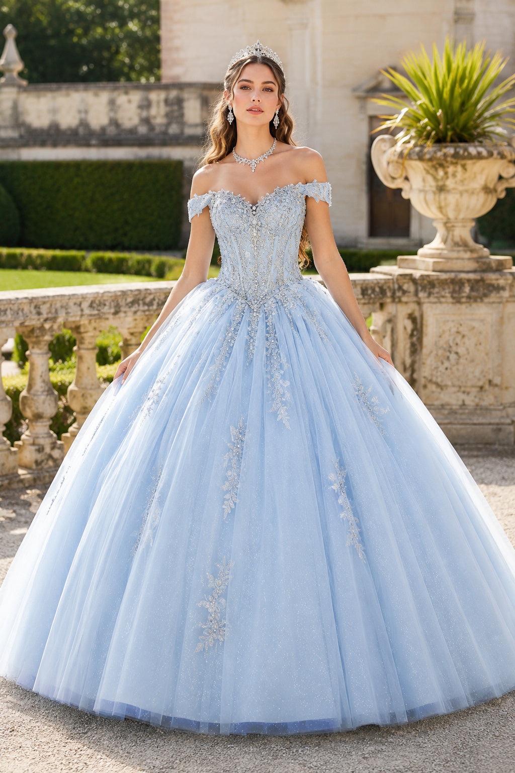 Sky Blue Off-the-Shoulder Tulle Ball Gown with Applique Bodice front view