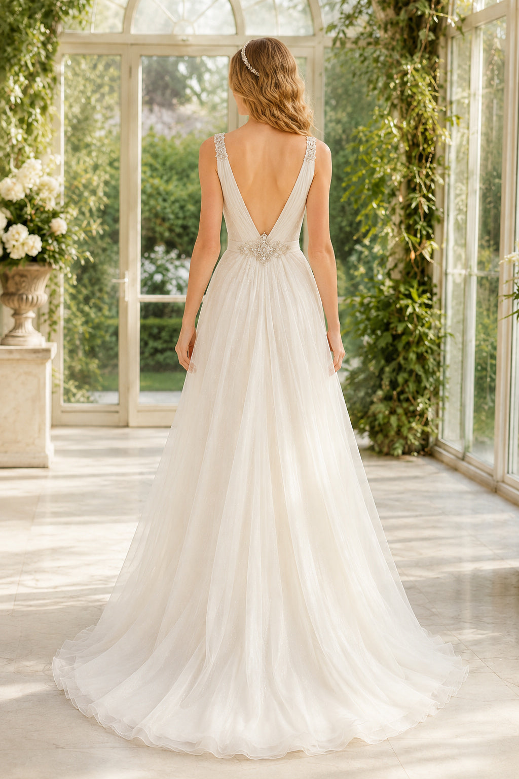 Deep V Tulle A-Line Wedding Dress with Beaded Waist Detail back view