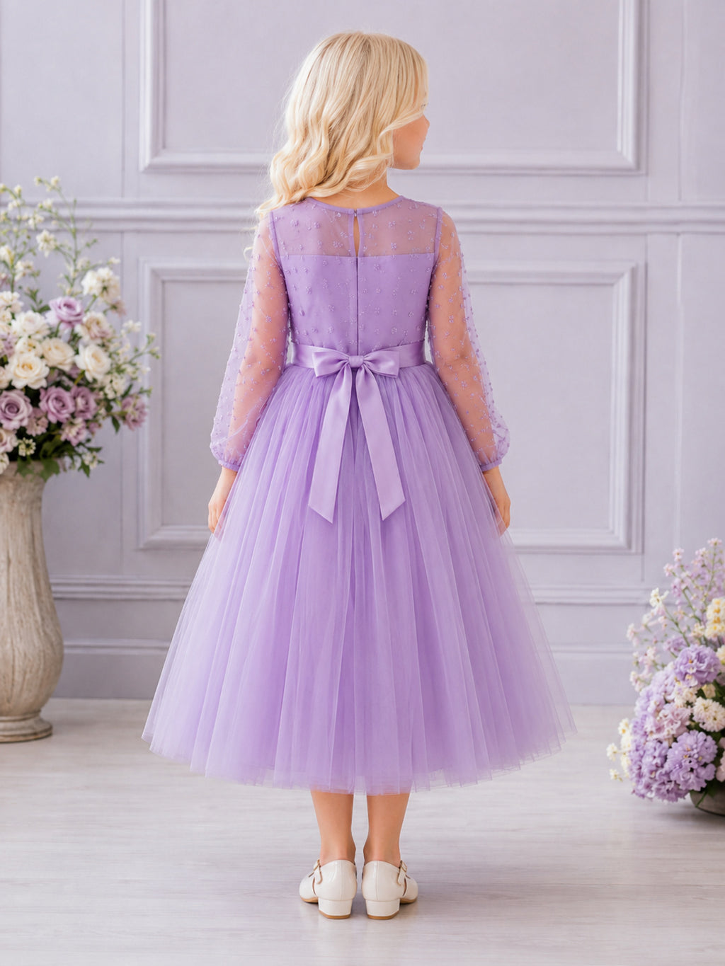 Lavender Flower Girl A-Line Tulle Jewel Neck Long Sleeve Bow Tea-Length Party Dress back view