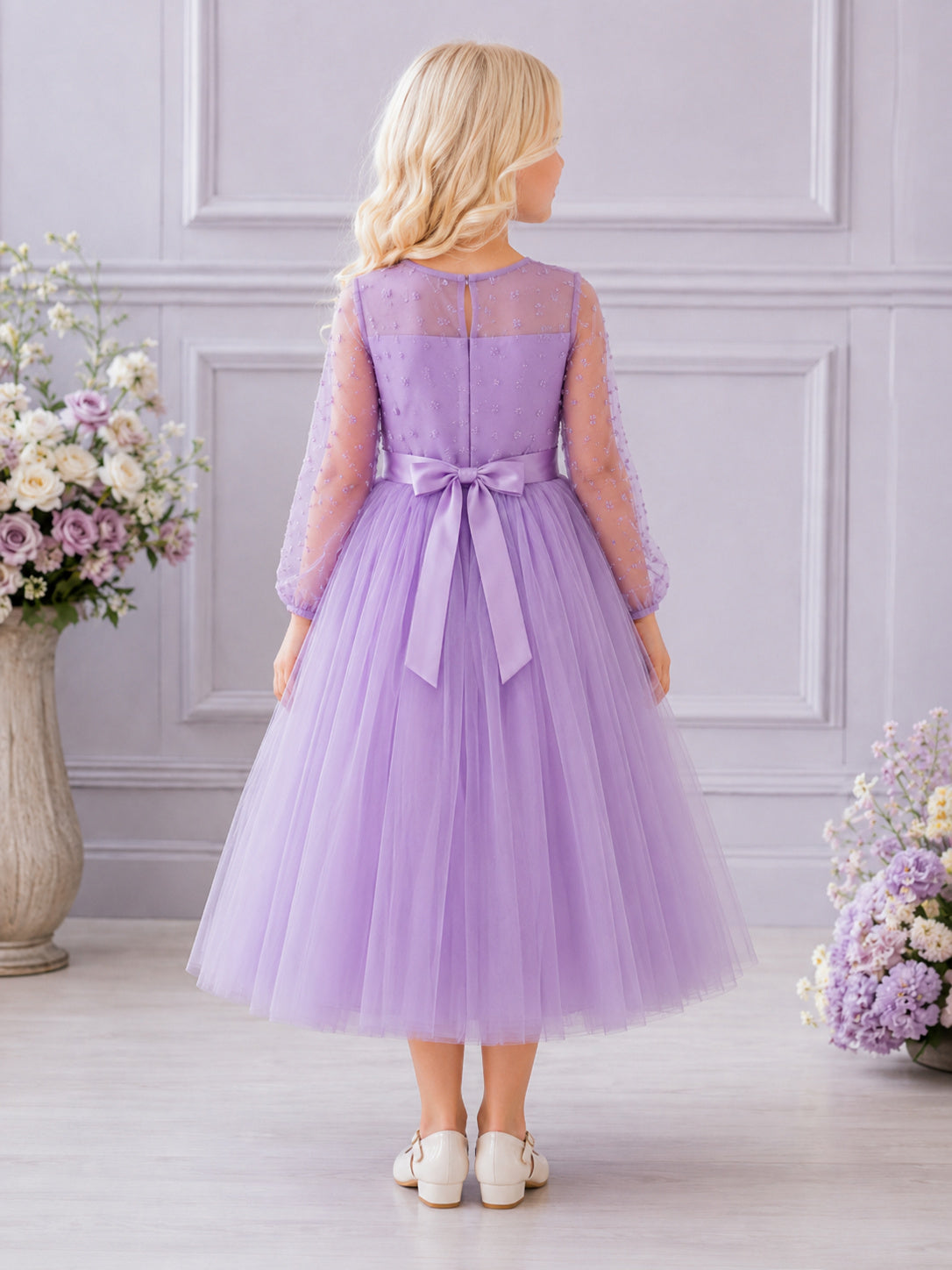 Lavender Flower Girl A-Line Tulle Jewel Neck Long Sleeve Bow Tea-Length Party Dress back view