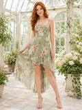 Sage Floral Spaghetti Strap Asymmetric Garden Guest Dress front view
