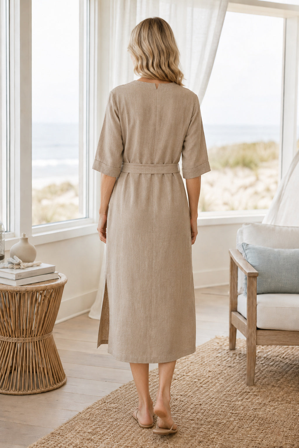 Coastal Grandmother Linen Midi Dress Taupe A-Line Notched Short Sleeve with Slit back view
