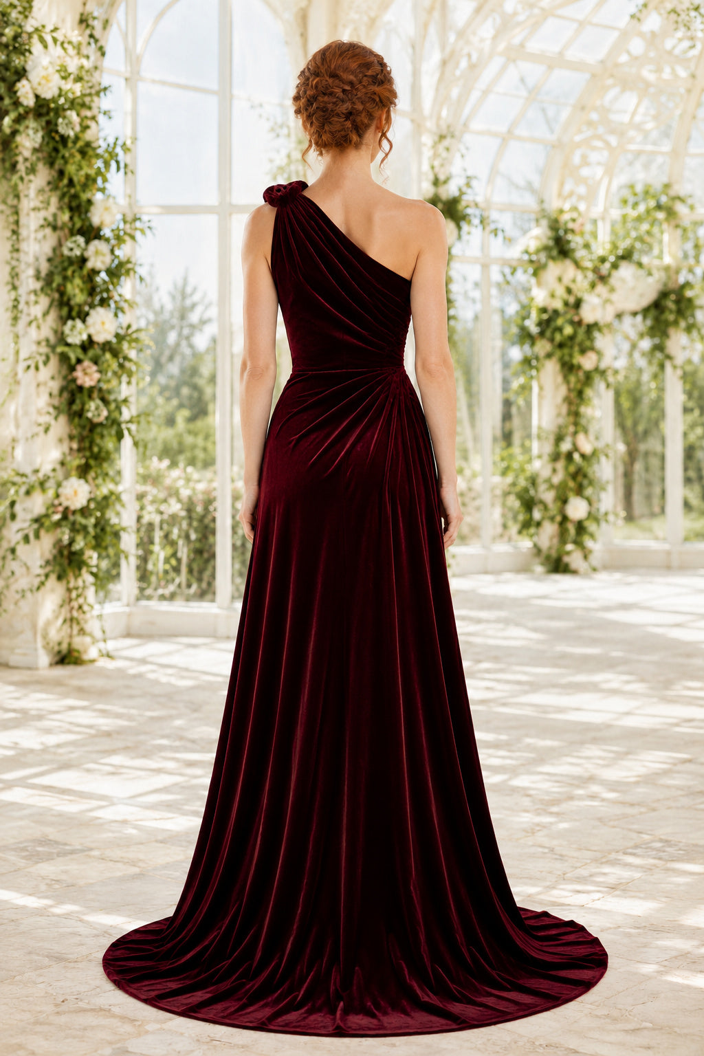Burgundy one shoulder velvet mermaid gown with shoulder bow and sweep train Floor-length And Sweep/Brush Train Mermaid Trumpe