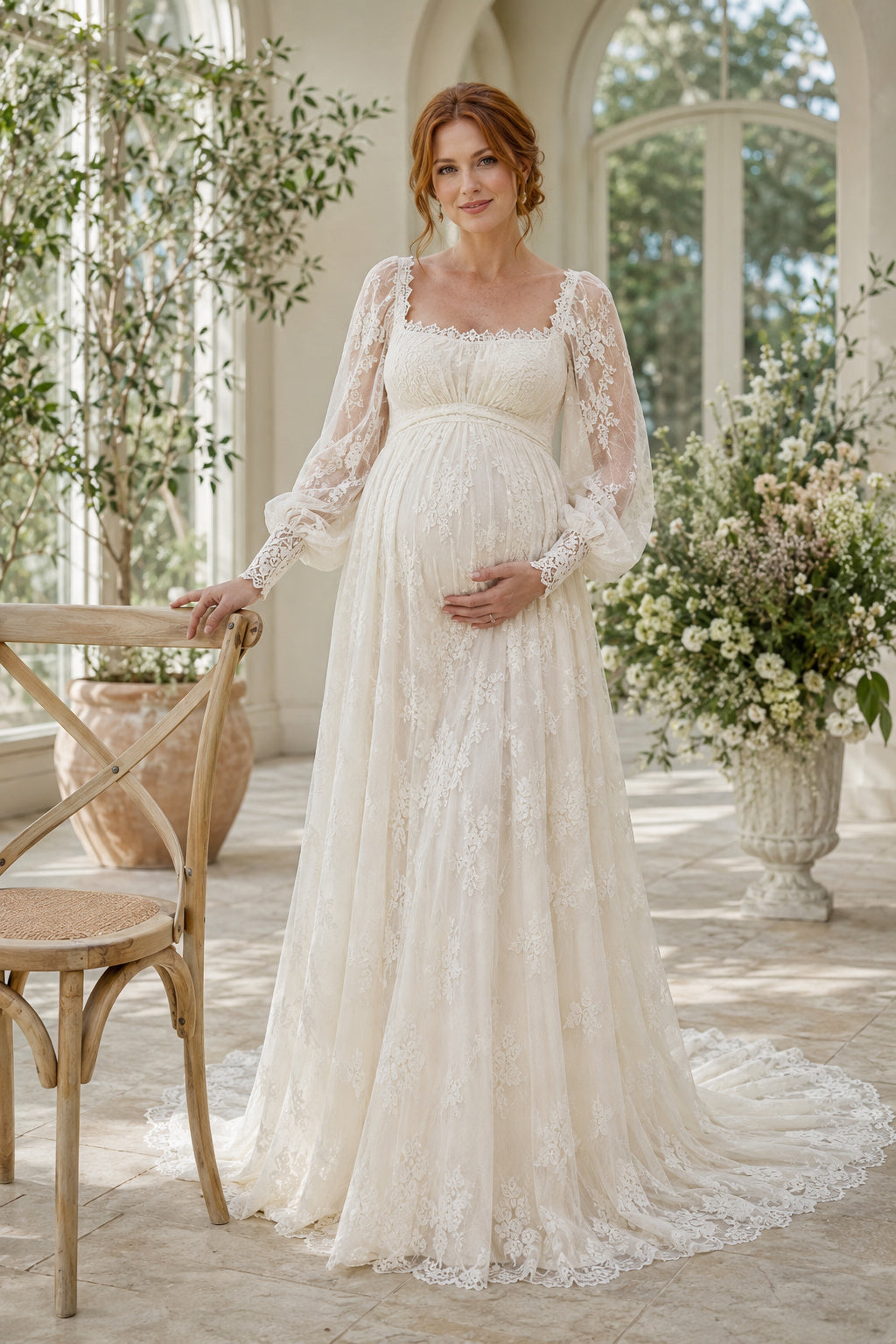 Ivory Square Neck Puff Sleeve Maternity Wedding Dress with Lace Bodice front view