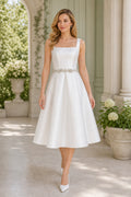White Square A-Line Satin Knee-length Dress With Beaded Waist and Pleats and Open Back