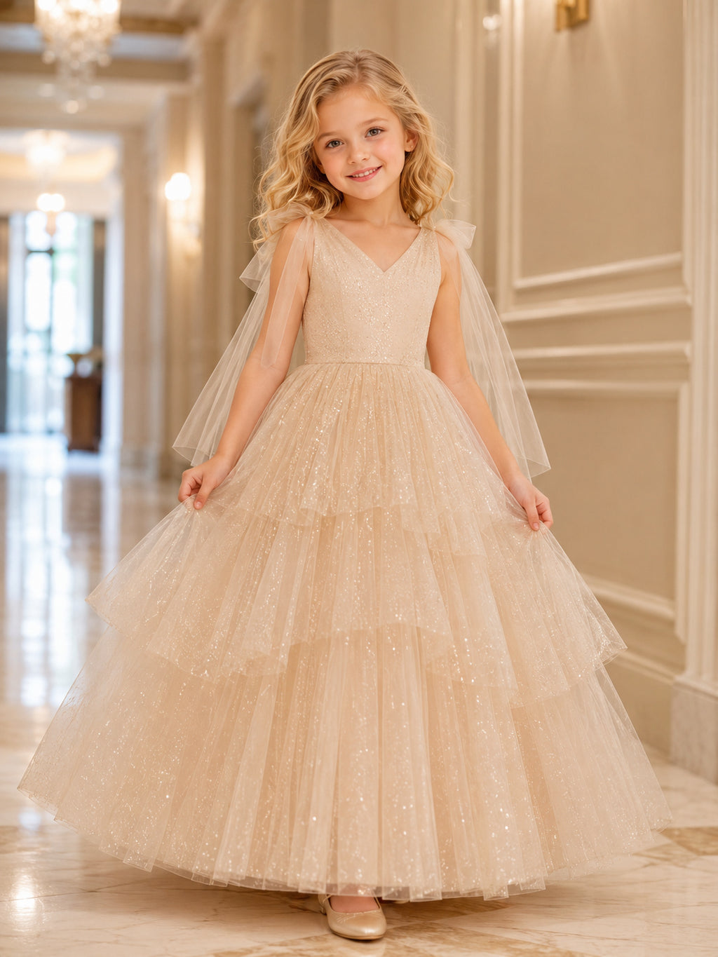Sleeveless Champagne Tulle A-Line Flower Girl Dress with jewel Neckline and Floor length Skirt with Tiered Layers front view