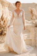 Ivory Long Sleeve Beaded Lace Sheath Wedding Dress with Deep V-Neck and Train front view