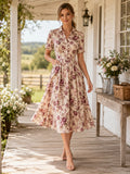 Vintage Rose Print Collared Short Sleeve Midi Dress front view